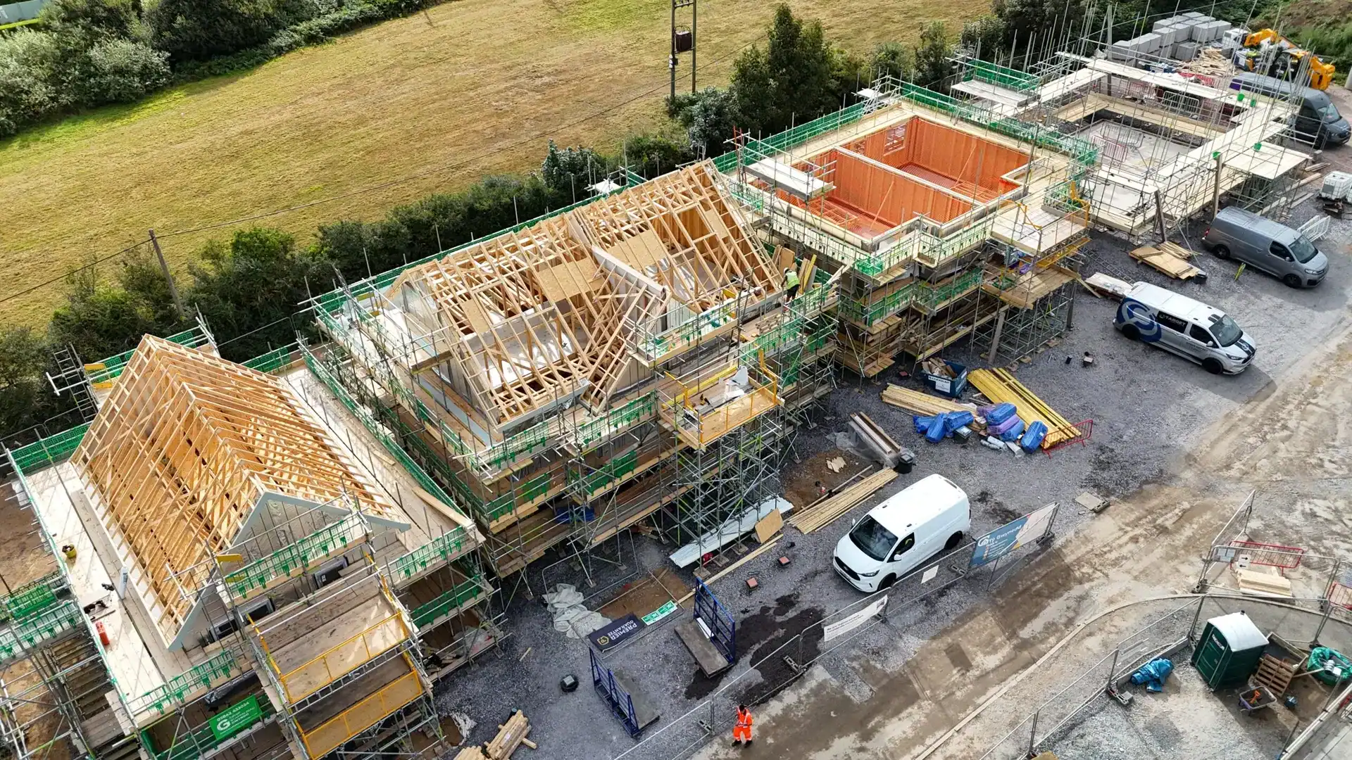 Green scaffolding up on a new build site