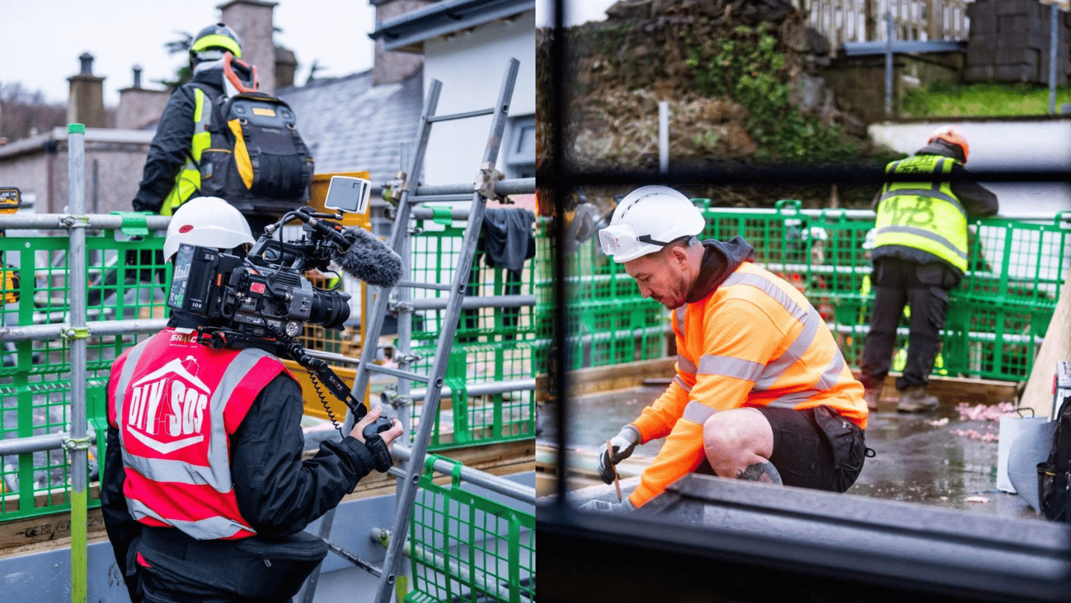 Camera operator and tradespeople beside green scaffolding at a DIY SOS project