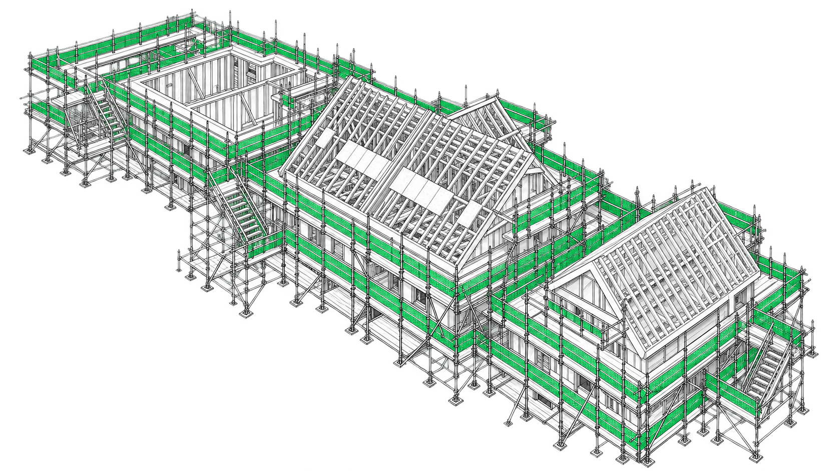 Line drawing of scaffolding with green guardrails around a large building