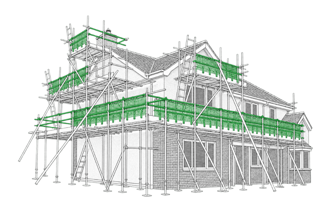 Line drawing of scaffolding around a house, with green safety barriers highlighted